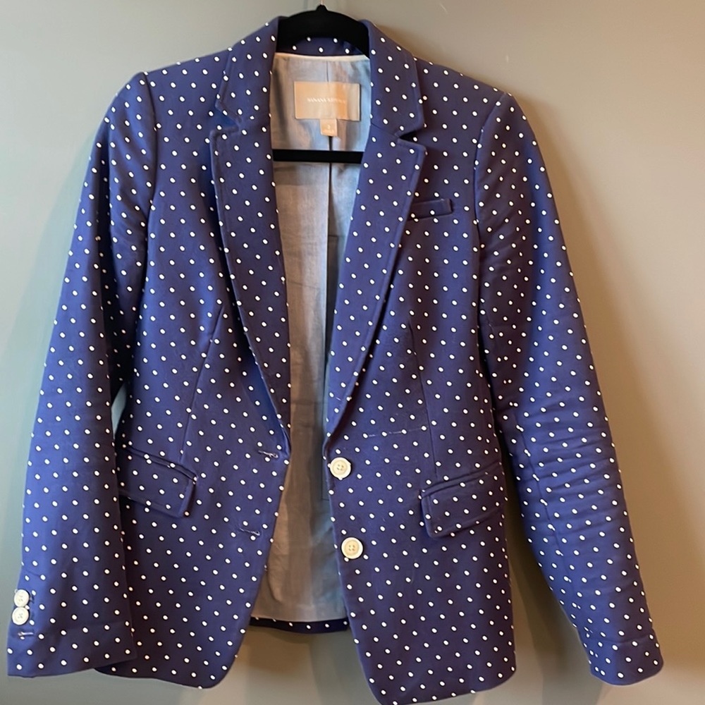 Banana Republic blazer, navy with white polka dots, size 2.